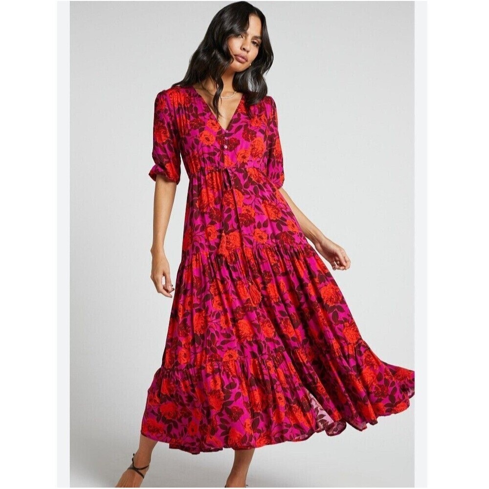 Showpo Midi Dress Waiting So Long V Neck Thigh Split Dress In Pink Floral Size 4